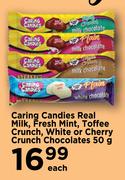 Caring Candies Real Milk, Fresh Mint, Toffee Crunch, White Or Cherry Crunch Chocolates-50g Each