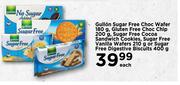 Gullon Sugar Free Choc Wafer 180g, Gluten Free Choc Chip 200g, Sugar Free Cocoa Sandwich Cookies-Eac