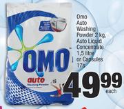 Omo Auto Washing Powder 2kg, Auto Liquid Concentrate 1. 5Ltr Or Capsules 17's-Each