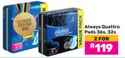 Always Quttro Pads 36s, 32s Pack-For 2
