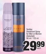 Yardley Deodorant Spray For Men Or Women (Selected)-90ml/125ml Each