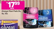 Always Maxi Pads 8's, 9's, 10's Pack- Each
