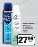 Shower To Shower Anti Perspirant Aerosol Deodorant For Men Or Women Assorted-150ml Each