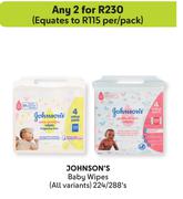 Johnson's Baby Wipes (All Variants)-For Any 2 x 224/288's Pack
