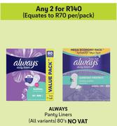 Always Panty Liners (All Variants)-For Any 2 x 80's Pack