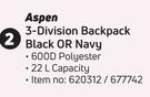Aspen 3 Division Backpack Black Or Navy-Each