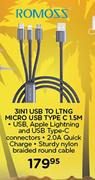 Romoss 3 In 1 USB To LTNG Micro USB Type C 1.5M
