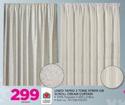 Always Home Lined Taped 2 Tone Stripe Or Scroll Cream Curtain-Per Drop