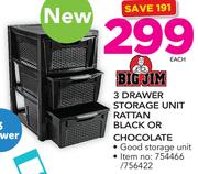 BigJim 3 Drawer Storage Unit Rattan Black Or Chocolate-Each