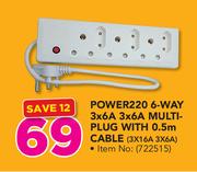 Power220 6-Way (3X16A 3X6A) Multiplug With 0.5m Cable