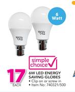Simple Choice 6W LED Energy Saving Globes-Each