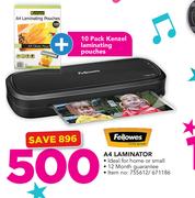 Fellowes A4 Laminator Plus 10 Pack Kenzel Laminating Pouches
