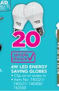 Simple Choice 6W LED Enrgy Saving Globes-Each