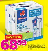 Clover Full Cream, Low Fat Or Fat Free Ultra Pasteurised Long Life Milk-6 x 1Ltr Per Pack
