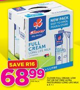 Clover Full Cream, Low Fat Or Fat Free Ultra Pasturised Long Life Milk-6x1Ltr Per Pack