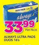 Always Ultra Pads Duos-16's Per Pack