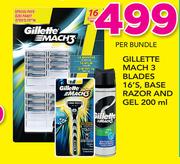Gillette Mach 3 Blades-16's Base Razor & Gel 200ml-Per Bundle