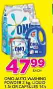 Omo Auto Washing Powder-2Kg, Liquid 1.5Ltr Or Capsules 14's-Each