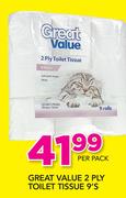 Great Value 2 Ply Toilet Tissue-9's Per Pack