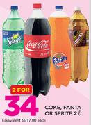Coke, Fanta Or Sprite-2 x 2Ltr