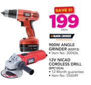 Black & Decker 900W Angle Grinder KG915 Or 12V Cordless Drill EPC12CA-Each