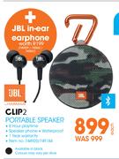 JBL Clip2 Portable Speaker With Free JBL In-Ear Earphone