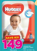 Huggies Dry Comfort Jumbo Pack Size 3-76's, Size 4-66's, Size 5-56's, Size 4+-60's Per Pack