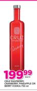 Cruz Raspberry, Pineapple, Cranberry Or Berry Vodka-750ml Each