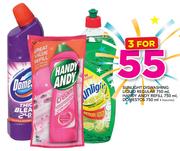 Sunlight Dishwashing Liquid 750ml, Handy Andy Refill 750ml & Domistos 750ml-For All 3