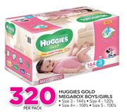 Huggies Gold Mega Box Boys/Girls (Size 3-144's, Size 4-120's, Size 4+-108's, Size 5-100's) Per Pack