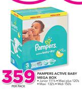 Pampers Active Baby Mega Box (Junior 111's, Maxi Plus 120's, Maxi 132's, Midi 150's)-Per Pack