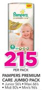 Pampers Premium Care Jumbo Pack(Junior 56's/Maxi 66's/Midi 80's Or Mini 96's Pack)-Per Pack