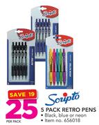 Scripto 5 Pack Retro Pens In Black, Blue Or Neon-Per Pack