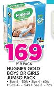 Huggies Gold Boys Or Girls Jumbo Pack(Size5 50's/Size4 60's/Size4+ 54's/Or Size3 72's Pack)-Per Pack