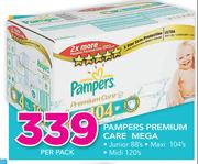 Pampers Premium Care Mega(Junior 88's/Maxi 104's Or Midi 120's Pack)-Per Pack