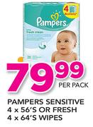 Pampers Sensitive 4X56's Or Fresh 4X64's Wipes-Per Pack 