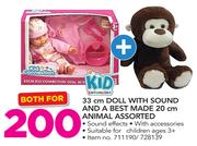 Kid Connection 33cm Doll With Sound & A Best Made 20cm Animal Assorted-Both For