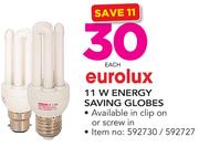 Eurolux 11W Energy Saving Globes In Clip On Or Screw In-Each