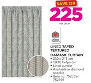 Always Home Lined Taped Textured Damask Curtain 230x218cm-Per Drop
