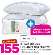 Mainstays 2 Pack Quilted Hollow Fiber Pillows 45x70cm With Always Home Ball Fibre Quilt