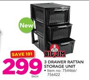 Big Jim 3 Drawer Rattan Storage Unit-Each