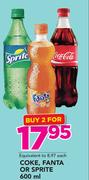 Coke, Fanta Or Sprite-2 x 600ml