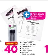 Game A4 100 Sheet 3 Pack Punched Exam Pad With Plus 5 Pack Simple Choice Stick Pens