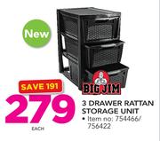Big Jim 3 Drawer Rattan Storage Unit-Each