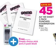 A4 100 Sheet 3 Pack Punched Examination Pad With Free Simple Choice Stick Pens 5 Pack Black