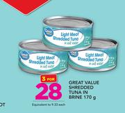 Great Value Shredded Tuna In Brine-3X170gm