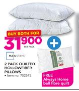 Mainstays 2 Pack Quilted Hollowfiber Pillows-Per Pack Free Always Home Ball Fibre Quilt