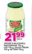 Crosse & Blackwell Mayonnaise 750gm, Lite 790gm, Salad Cream 790gm Or Trim 790gm-Each