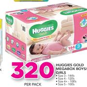 Huggies Gold Megabox Boys/Girls (Size 3-144's/Size 4-120's/Size 4+-108's/Size 5-100's Pack)-Per Pack