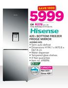Hisense 420Ltr Bottom Freezer Fridge Mirror 420BMI-WD